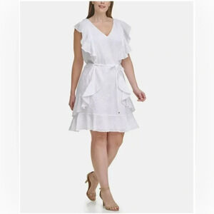 Tommy Hilfiger Women's Flair Dot Fit & Flare White cotton blend zip belted 16W